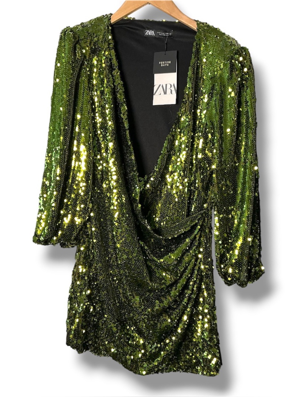 ZARA Olive Green Sequin Wrap Mini Dress